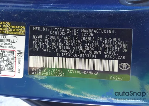 2007 Toyota Camry Ce from USA, damaged, VIN 4T1BE46K07U103704